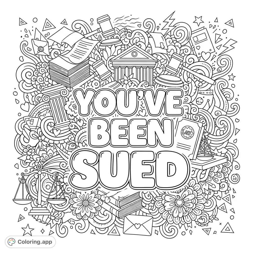 A humorous "You've Been Sued" phrase surrounded by an intricate, edge-to-edge doodle of legal symbols and playful patterns. A unique adult coloring challenge.