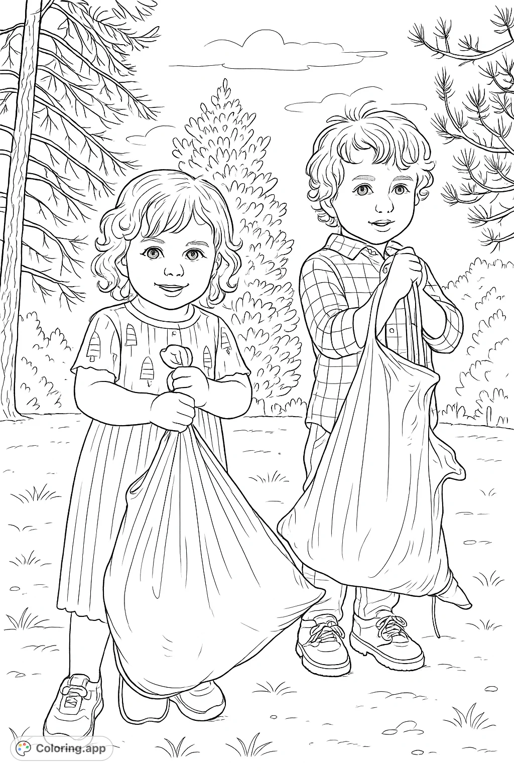 A delightful coloring page featuring two children holding their collected treasures outdoors, perfect for imaginative play and creative expression.