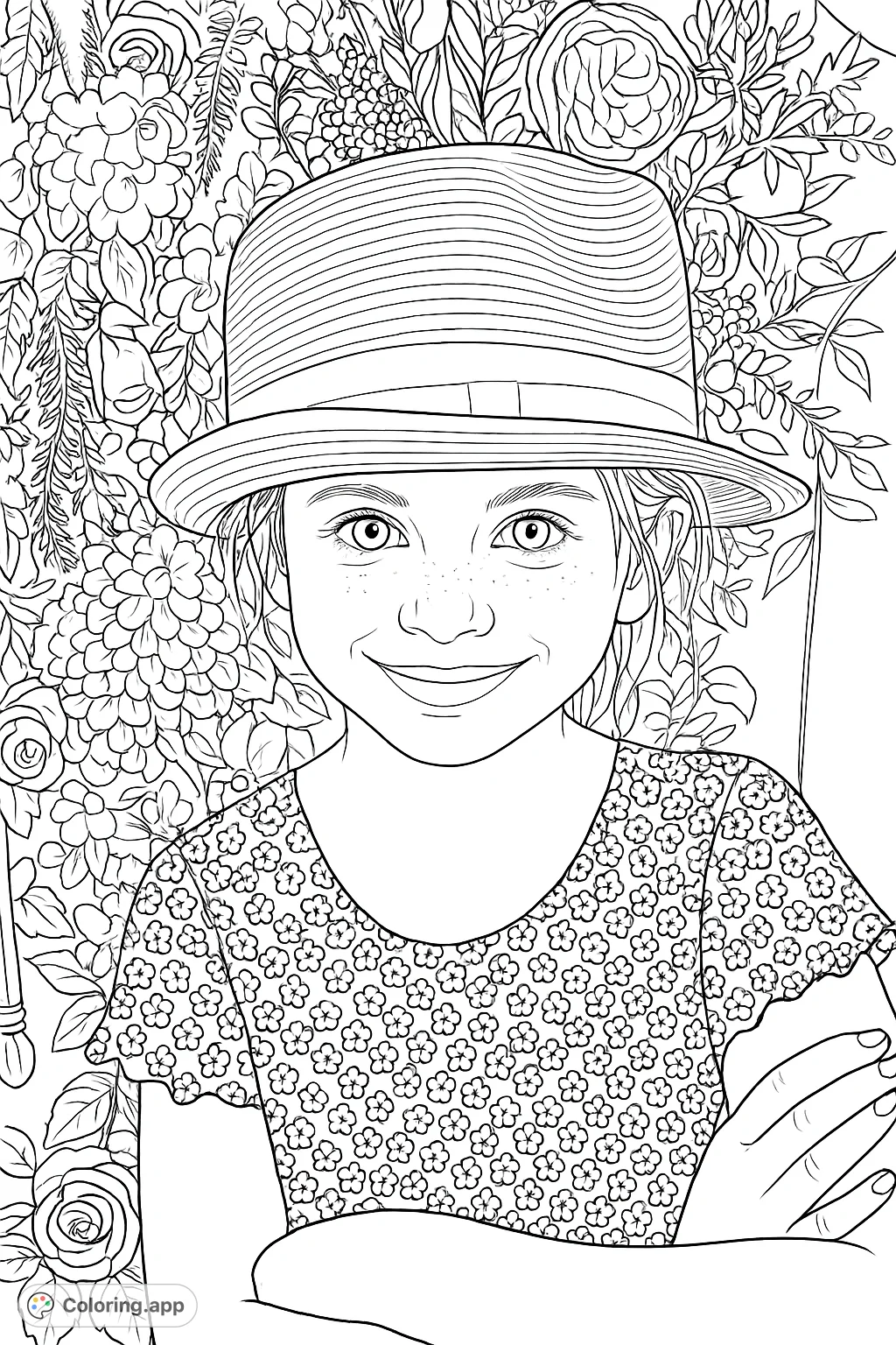 A charming girl in a straw hat smiles against a lush floral backdrop. Perfect for a delightful coloring experience, blending portraiture with nature's beauty.