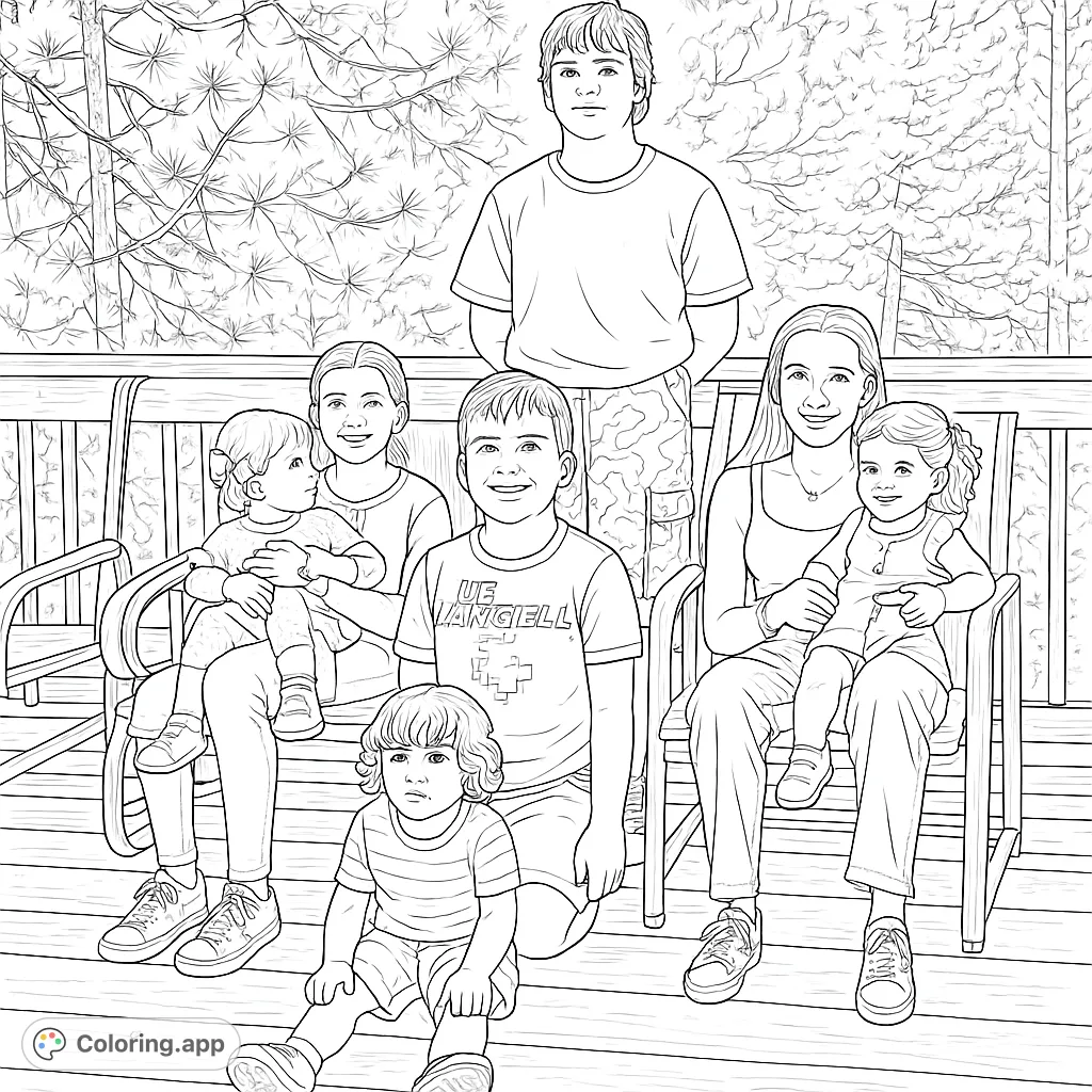 A heartwarming family gathering featuring seven children of various ages on an outdoor deck, perfect for a detailed and engaging coloring experience.
