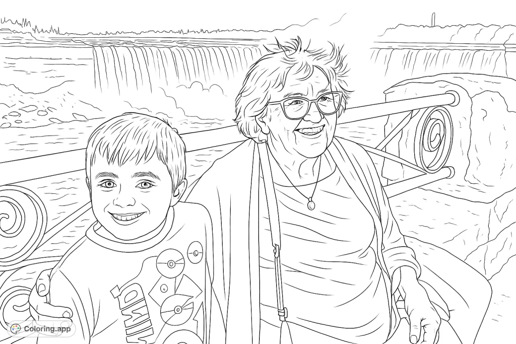 A heartwarming scene of a boy and an older woman smiling in front of a majestic waterfall, perfect for a memorable coloring experience.