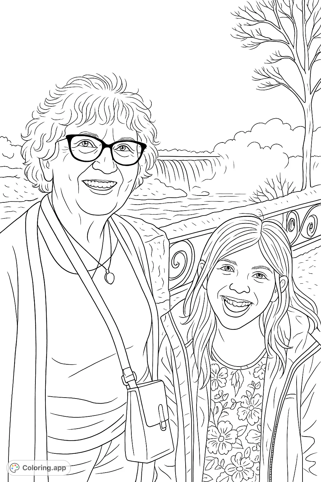 A heartwarming waterfall adventure coloring page featuring a smiling older woman and a young girl against the backdrop of a majestic, misty waterfall.