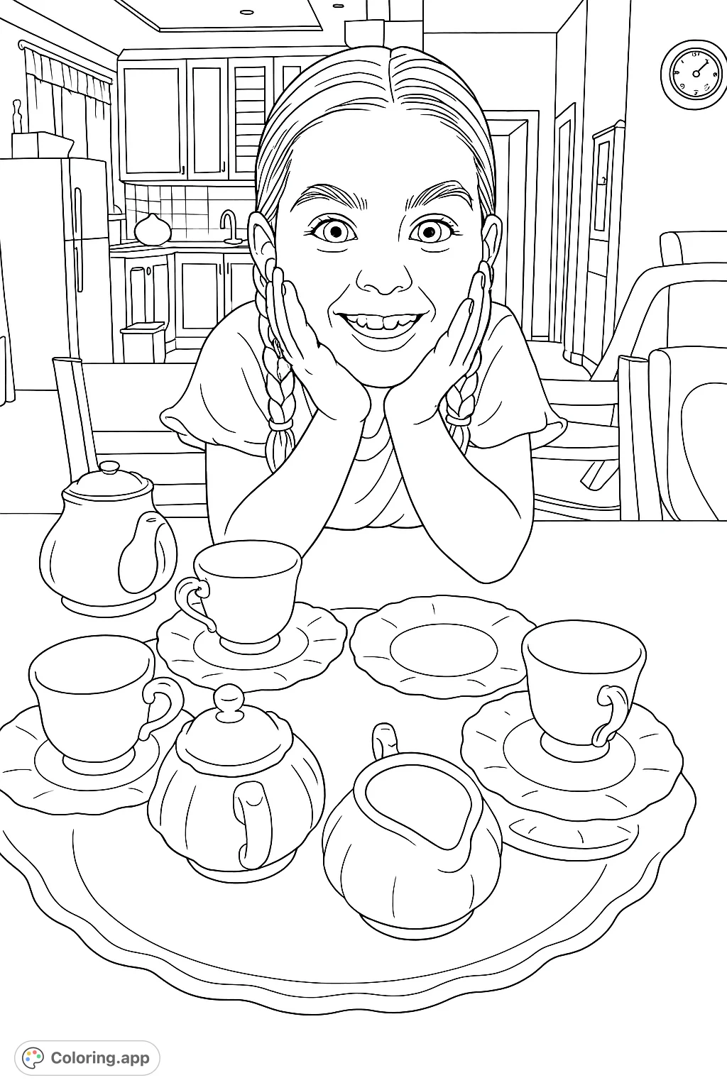 A delightful coloring page featuring a smiling girl enjoying a charming tea party with a detailed miniature tea set, perfect for imaginative play.