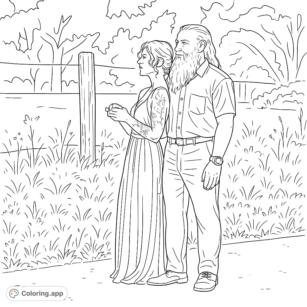 A heartwarming coloring page featuring a couple standing together in a serene outdoor setting, perfect for expressing affection and creativity.