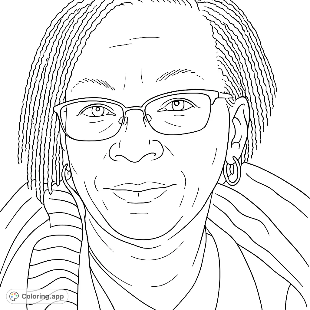 A captivating portrait of a woman with textured braids and eyeglasses, offering a realistic and engaging coloring experience for all skill levels.