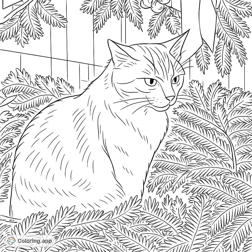 A charming cat nestled among festive evergreen branches and a flowing ribbon, perfect for holiday coloring fun. A delightful animal coloring page.
