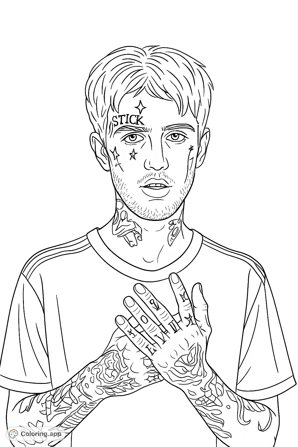 Capture the unique style of this individual with textured hair, intricate facial and neck tattoos, and detailed hand rings. An expressive portrait coloring page.