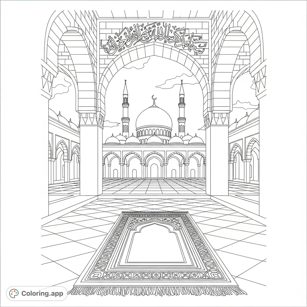 Explore a beautiful mosque courtyard with a detailed prayer rug and elegant calligraphy. A peaceful scene for mindful coloring.