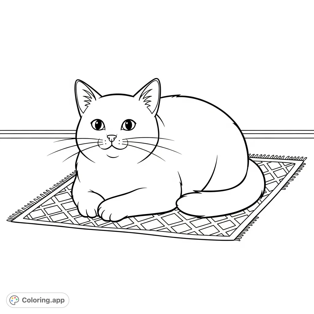 A delightful cat coloring page featuring a plump, cartoon-style feline resting peacefully on a patterned carpet. Perfect for young artists to explore creativity.