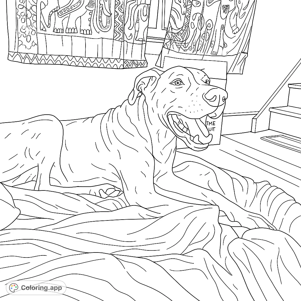 A majestic spotted dog rests comfortably on a soft bed, mouth open in a relaxed pose. Perfect for dog lovers to color and unwind.