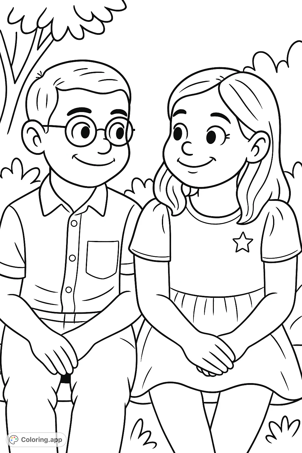 A heartwarming coloring page featuring two smiling children, a boy and a girl, looking at each other. Perfect for capturing moments of friendship and joy.