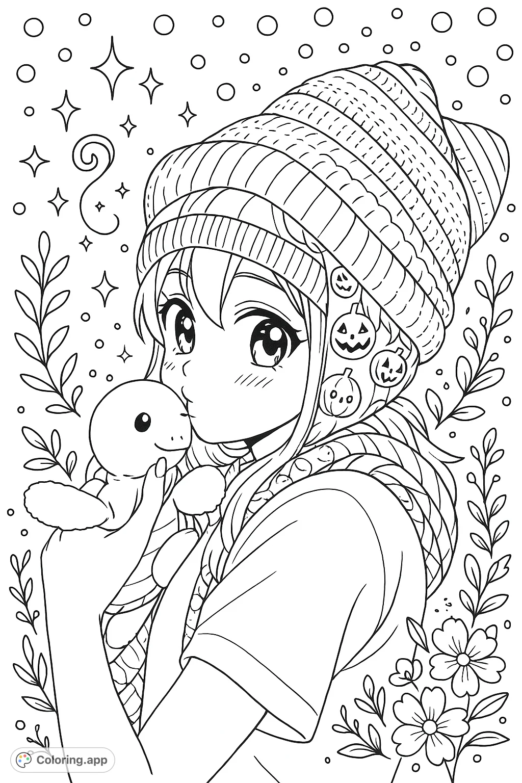 An anime-inspired traveler in a car, cuddling a plush toy. Features minimalist lines, seasonal decor, and a polka dot background for a whimsical touch.
