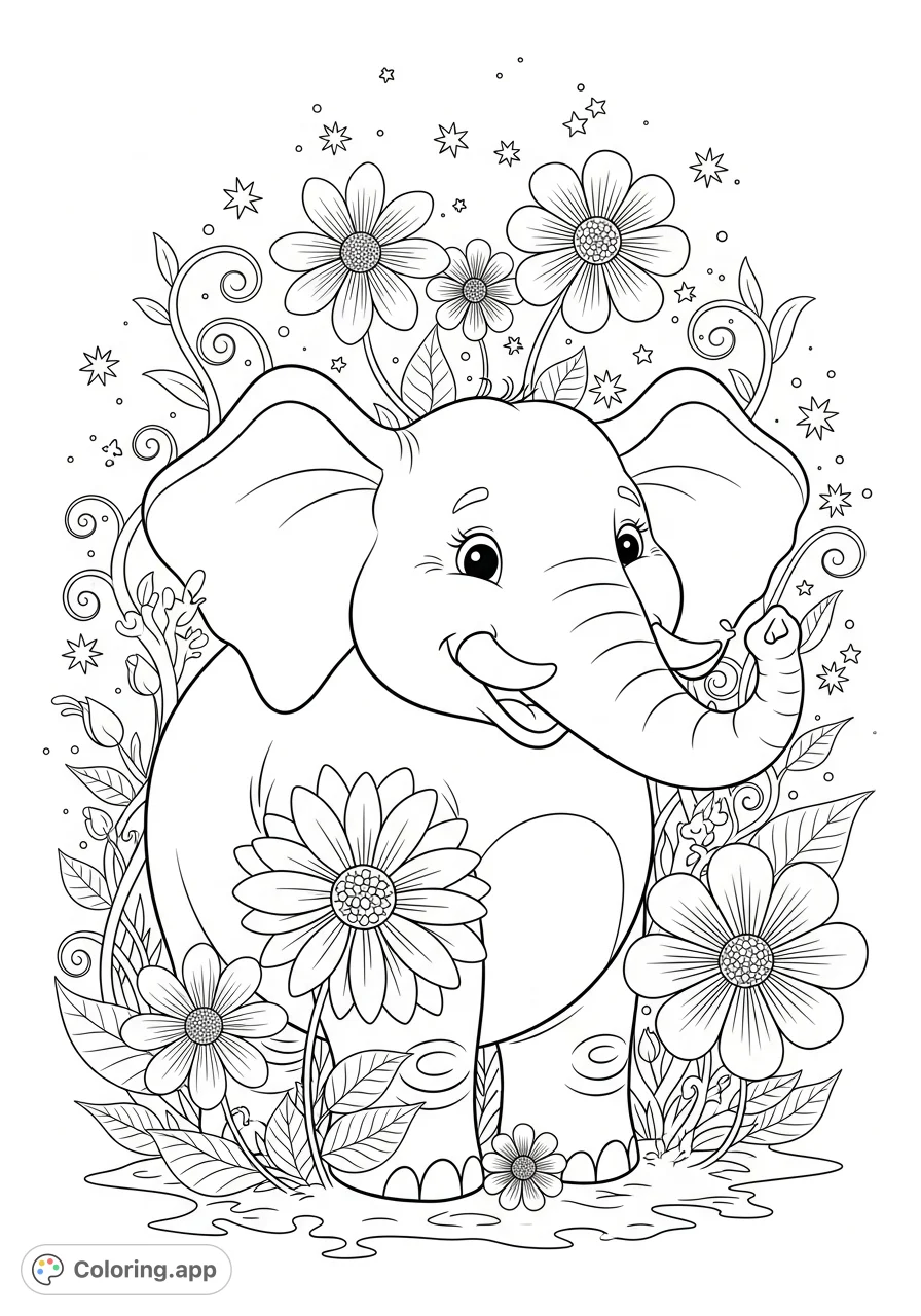 A delightful elephant explores a whimsical garden filled with oversized blossoms and sparkling elements, offering a charming and imaginative coloring experience.