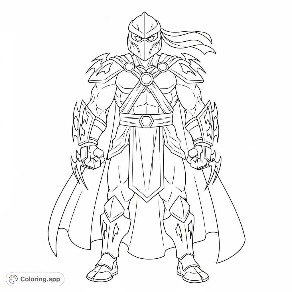A detailed Shredder coloring page featuring the iconic villain in his full armored glory, complete with helmet, blade gauntlets, and flowing cape.