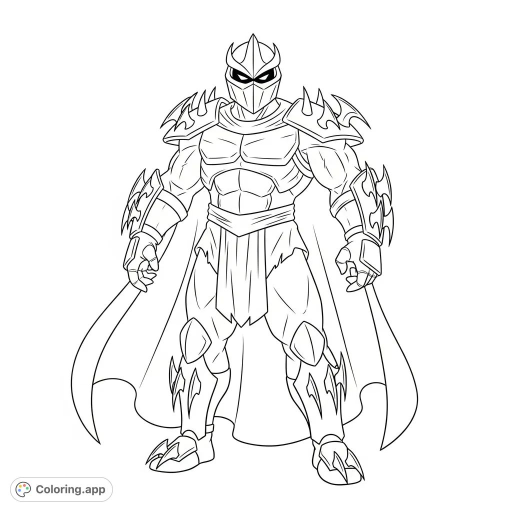 Unleash your creativity with this Super Shredder coloring page, featuring the iconic villain in his formidable spiked armor and flowing cape.