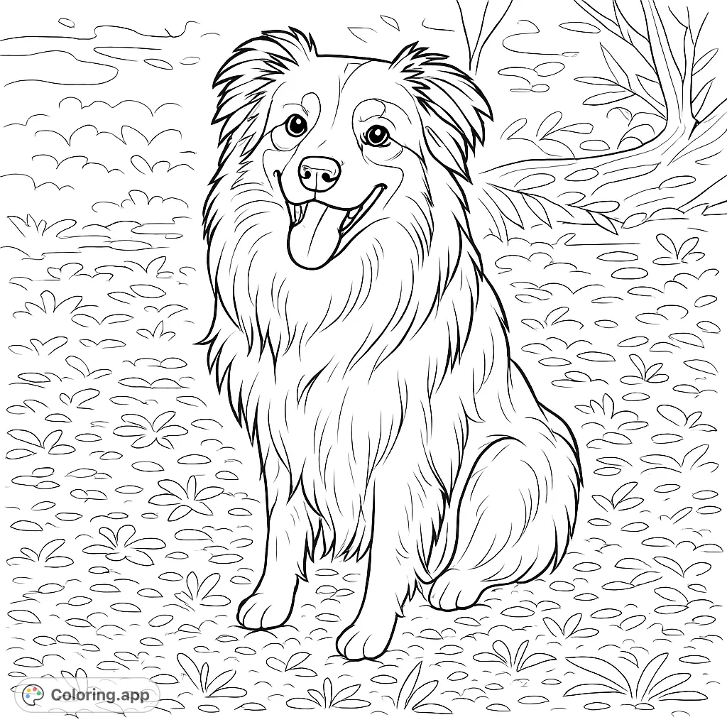 A cheerful, fluffy dog sits attentively in a natural outdoor setting, ready for a fun coloring adventure. Perfect for dog lovers of all ages.