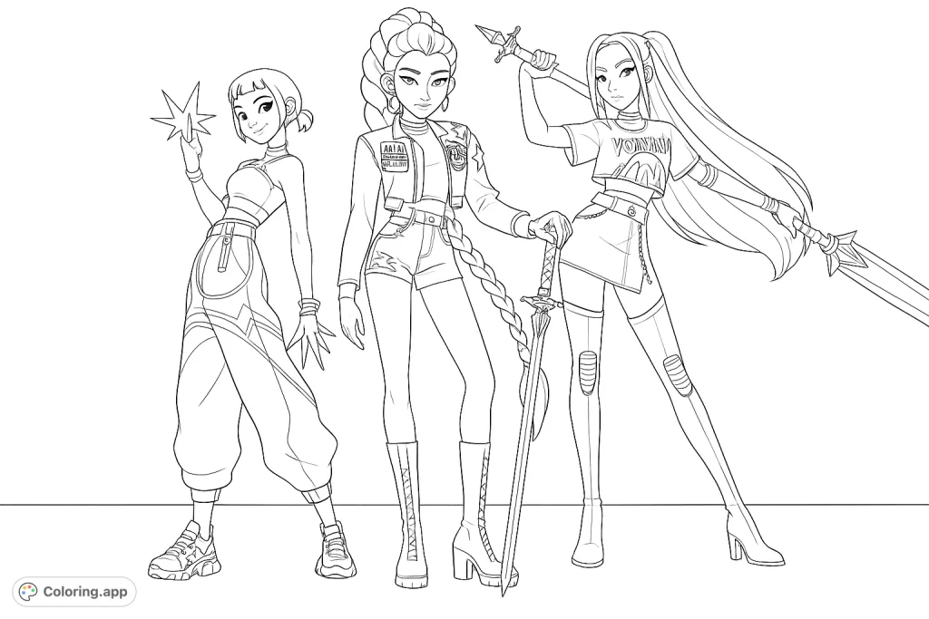 Three dynamic, stylized female warriors with unique weapons and fashionable attire stand ready for action. A challenging and engaging coloring page for fans of futuristic themes.