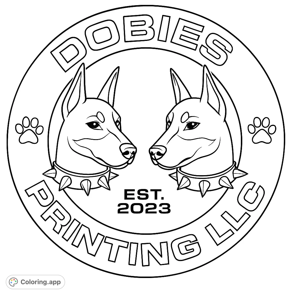 Color two fierce Doberman dog heads with spiked collars, framed in a bold circular emblem. Perfect for dog lovers and those who enjoy strong graphic designs.