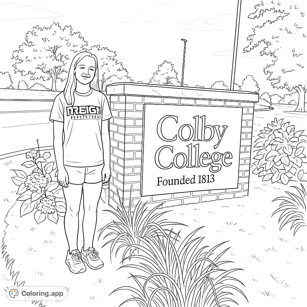 A young person stands proudly by the Colby College sign, surrounded by campus landscaping. Perfect for celebrating academic milestones and college spirit.