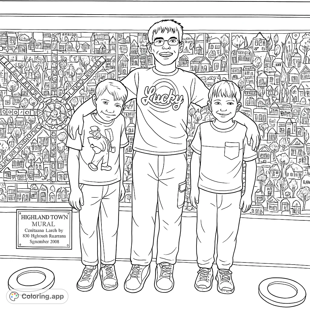Three cheerful boys pose in front of a detailed community mural, featuring houses, trees, and a large wheel design. A fun, intricate scene to color.
