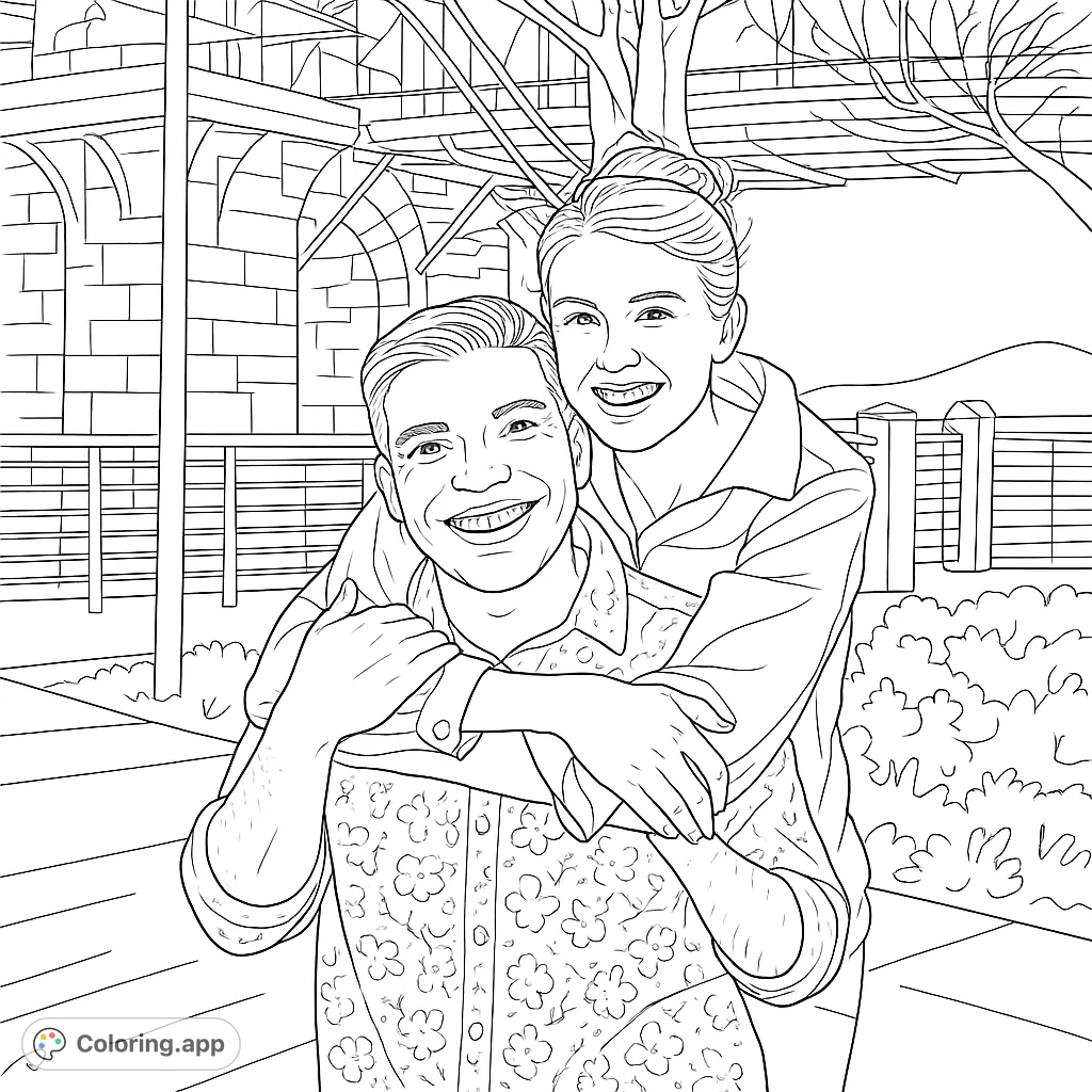 Capture the warmth of a loving embrace with this delightful coloring page featuring a happy couple against an urban landscape. Perfect for expressing affection.