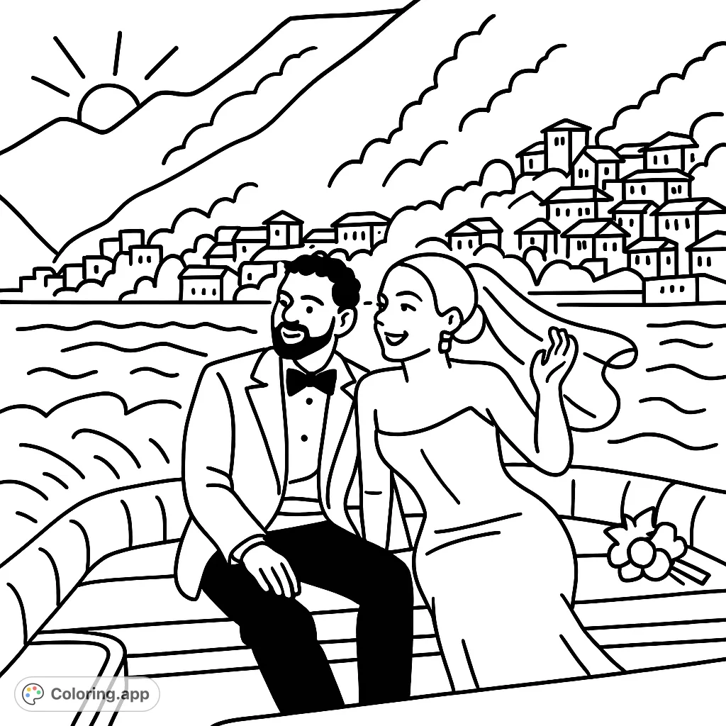 A joyful couple on a boat, celebrating their special day against a scenic mountain and lakeside backdrop. Perfect for a romantic coloring escape.