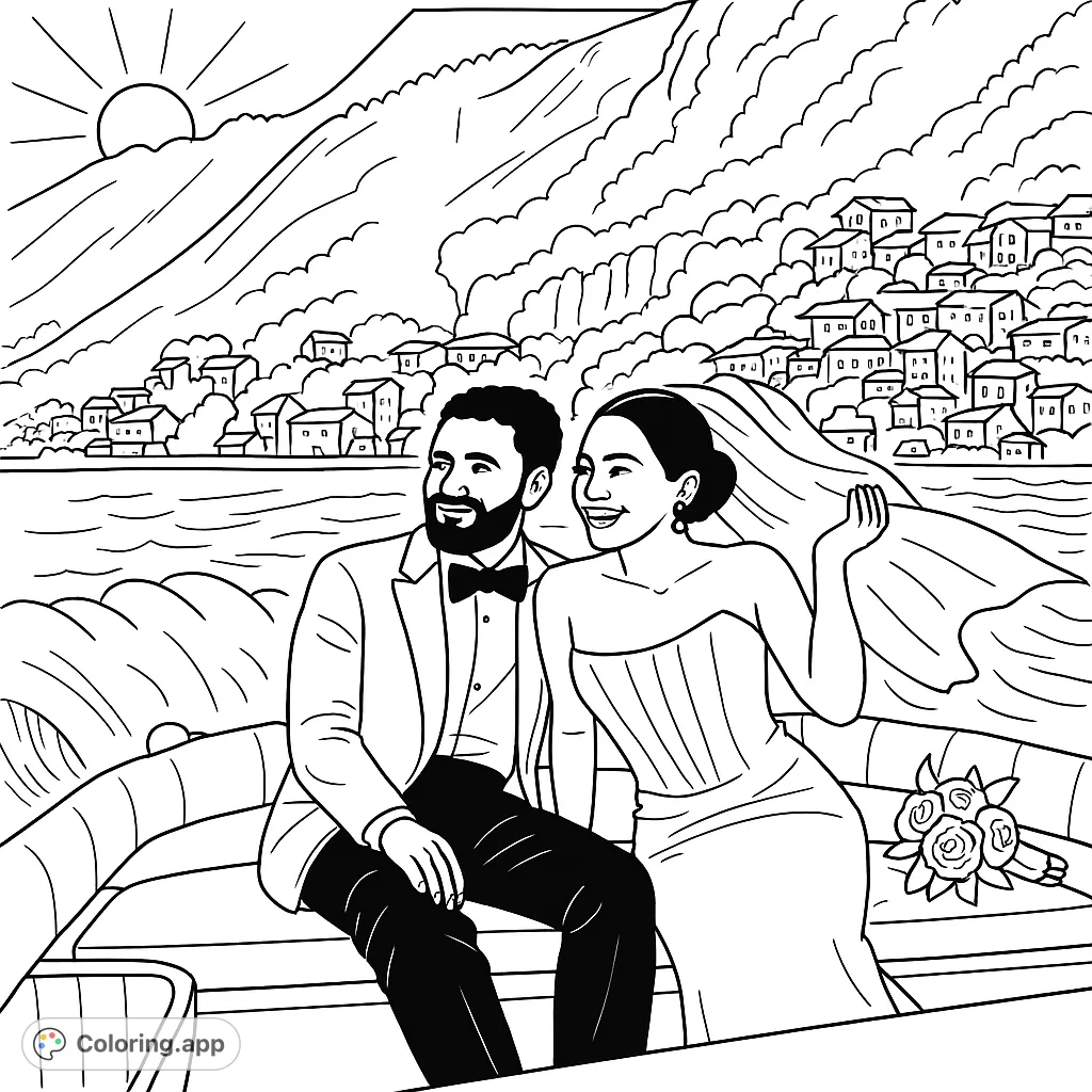 Celebrate love with this romantic boat ride coloring page. A happy couple on a scenic lake, surrounded by mountains and charming lakeside homes. Perfect for a joyful coloring experience.