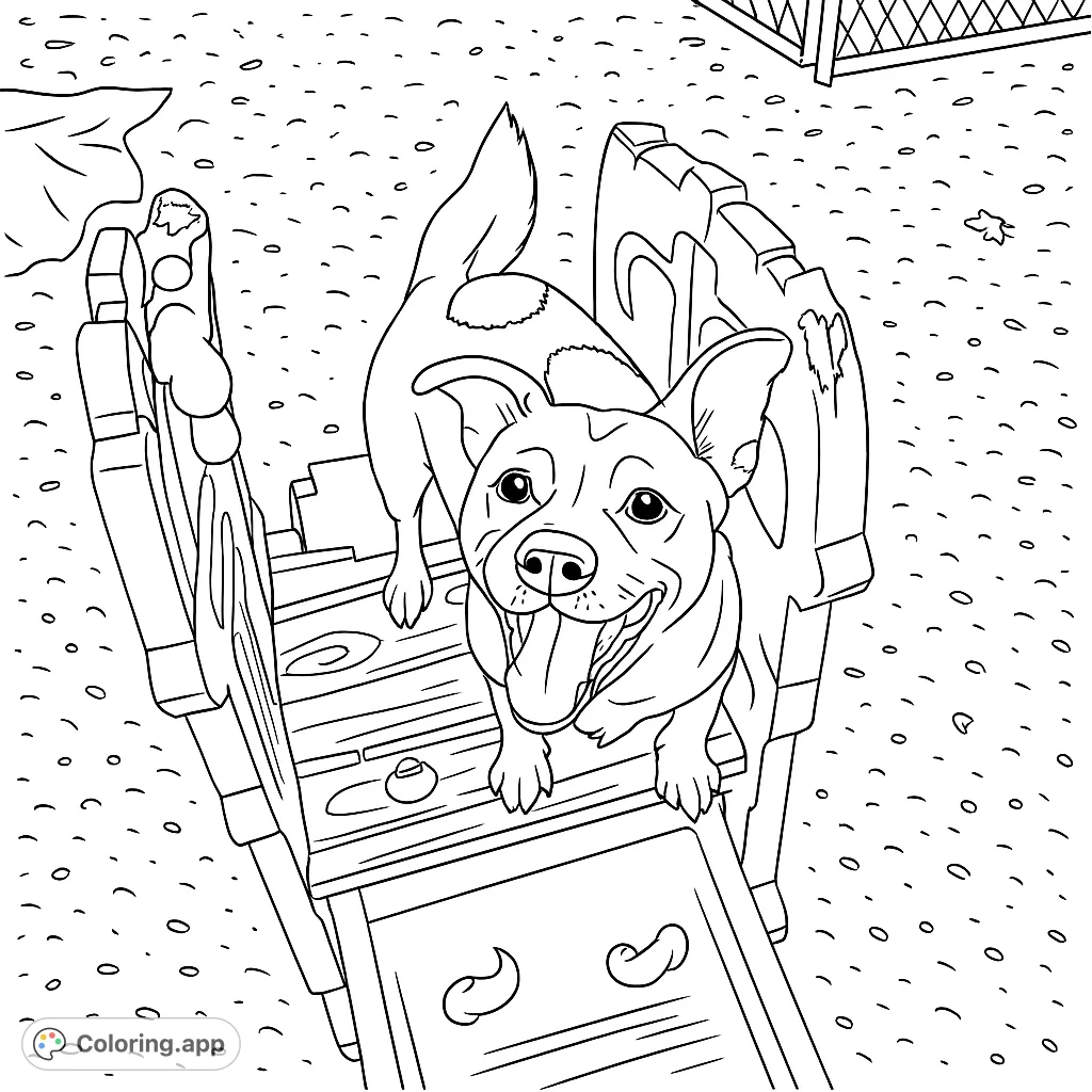 A cheerful dog with distinctive markings stands playfully on a small slide, ready for fun. A delightful scene for all ages to color.