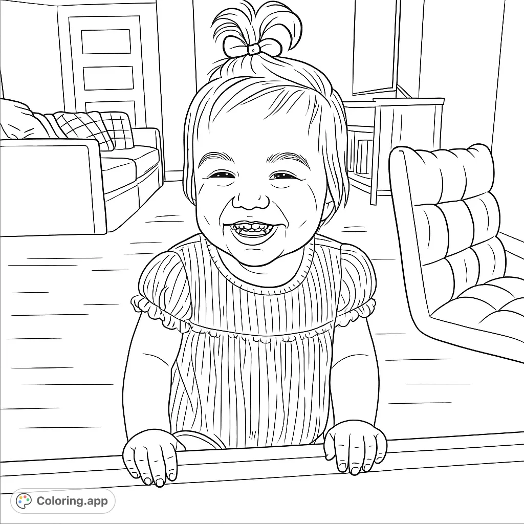 Capture the pure joy of a smiling toddler in a cozy home setting. This delightful coloring page features a happy child ready for creative expression.