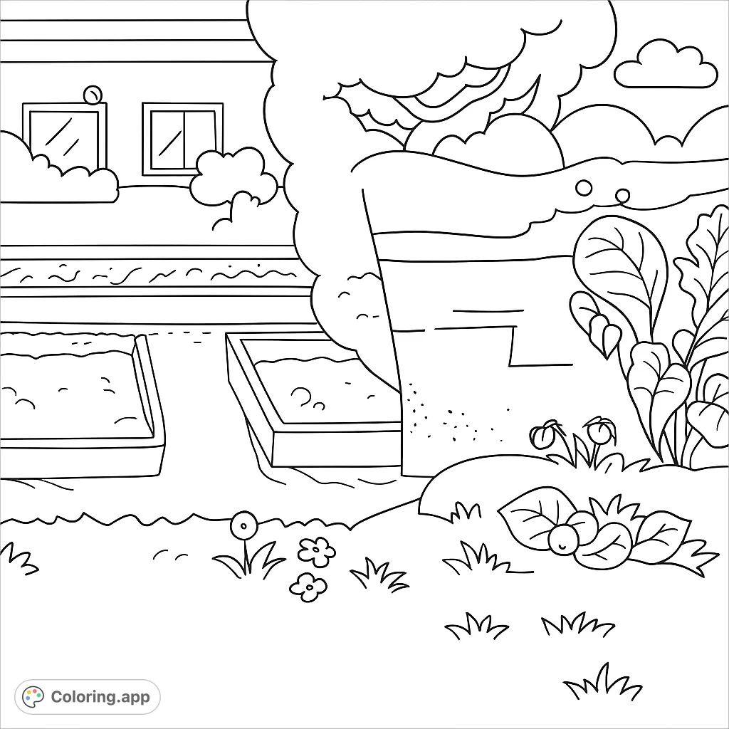 A charming backyard garden scene featuring a house, raised beds, a fruit tree, and various plants, perfect for a relaxing coloring experience.