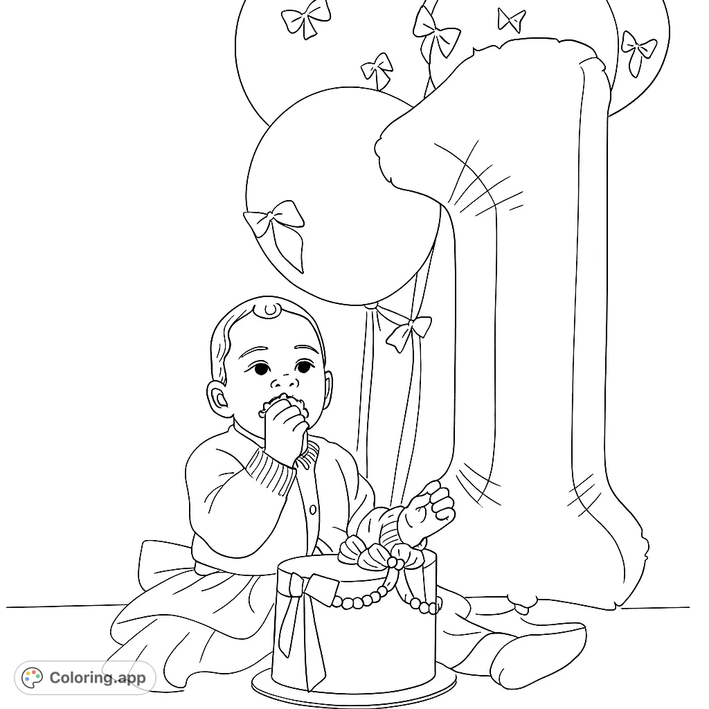 Celebrate a special milestone with this adorable first birthday coloring page! A sweet baby enjoys a cake smash surrounded by festive balloons.
