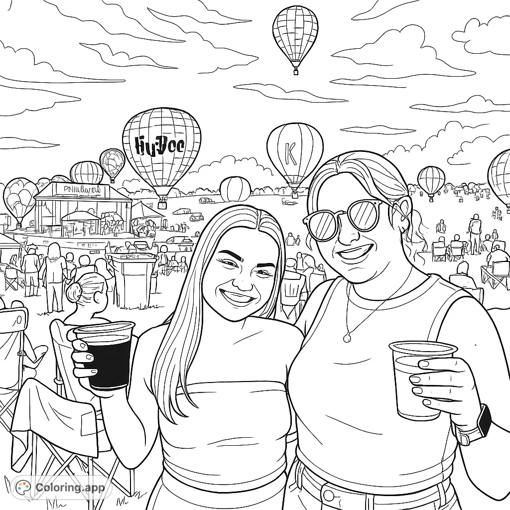 Two friends enjoy a vibrant hot air balloon festival, surrounded by majestic balloons and a lively crowd. A fun, festive scene to color.