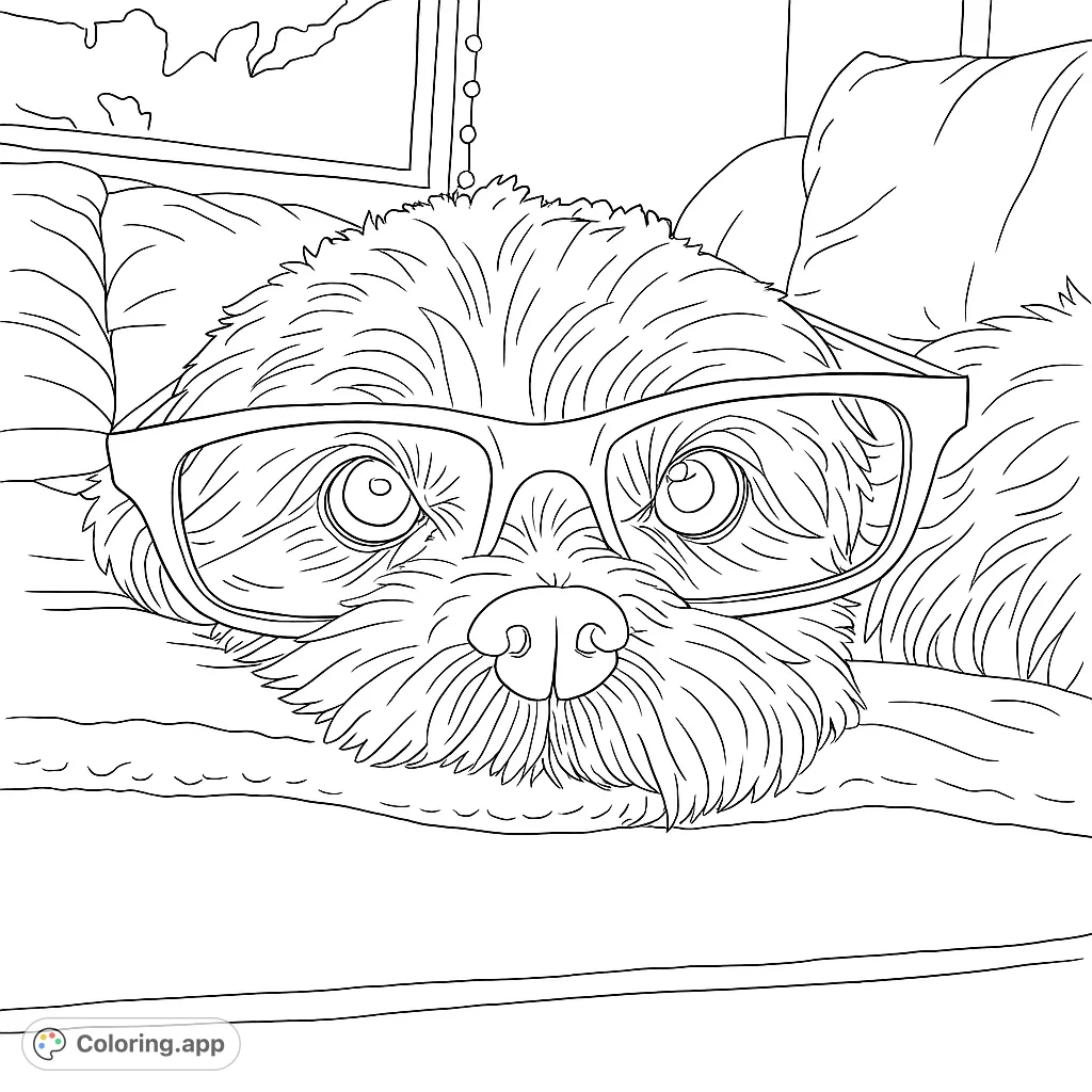 A charming fluffy dog wearing stylish glasses, resting comfortably. A delightful and smart dog coloring page for all ages.
