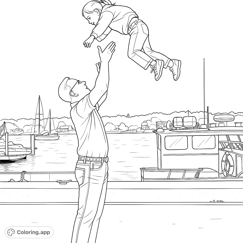 A heartwarming scene of a parent tossing a child into the air on a dock, with boats and a shoreline in the background. Perfect for family fun.