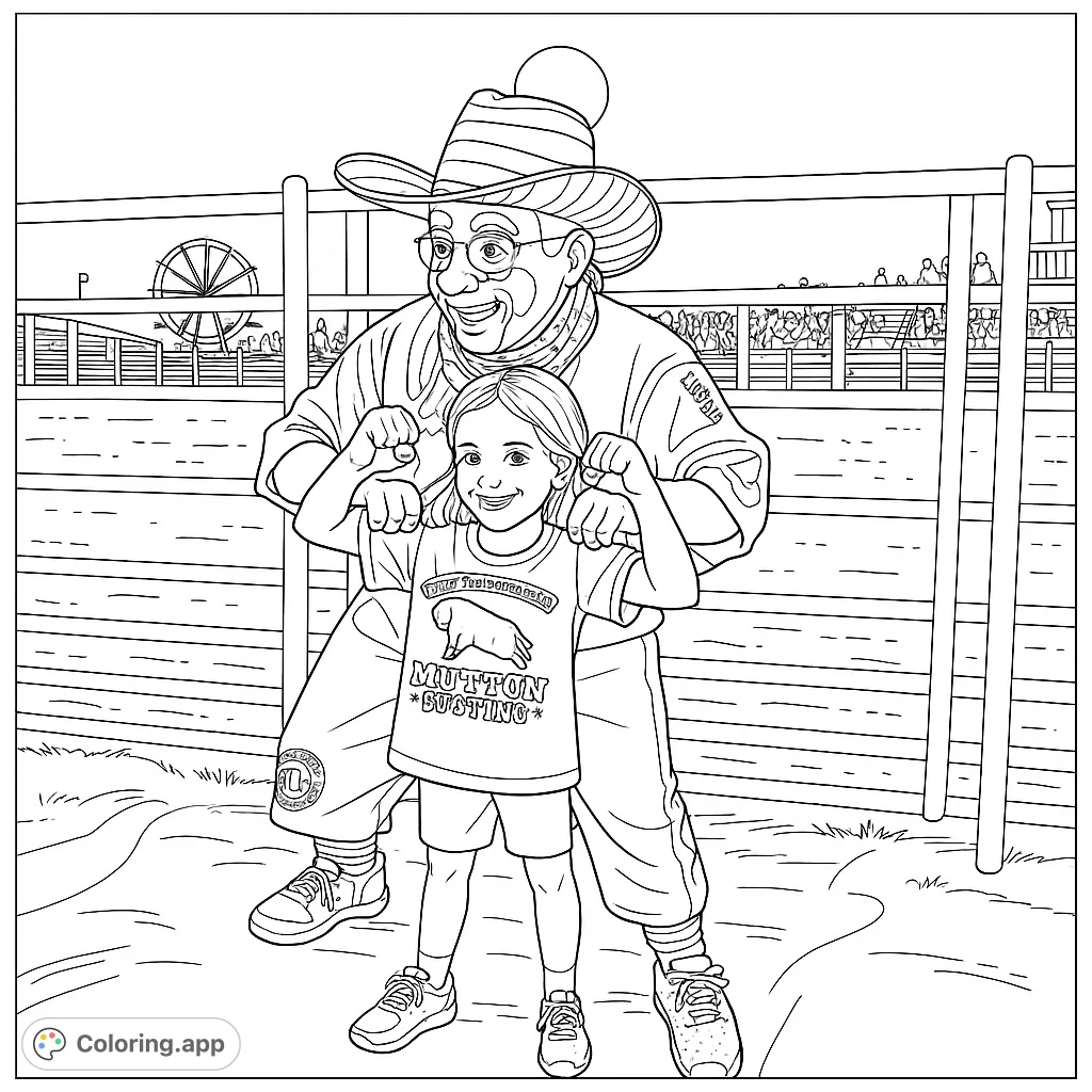 A joyful rodeo clown and a smiling girl pose in a lively arena, with a crowd and Ferris wheel in the background. A fun, free printable coloring page.