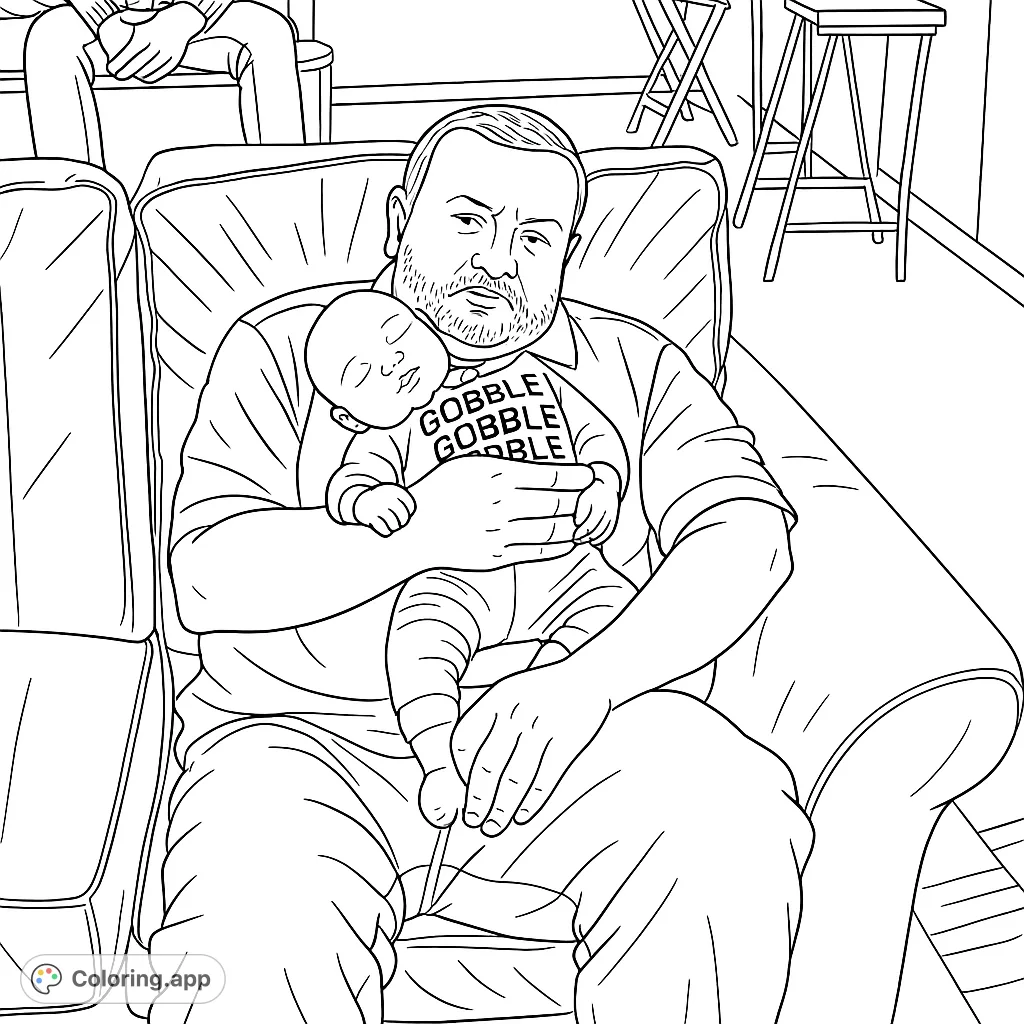 A heartwarming scene of a man gently holding a sleeping baby, perfect for a tender family moments coloring page. This free printable father and child coloring page offers relaxation.