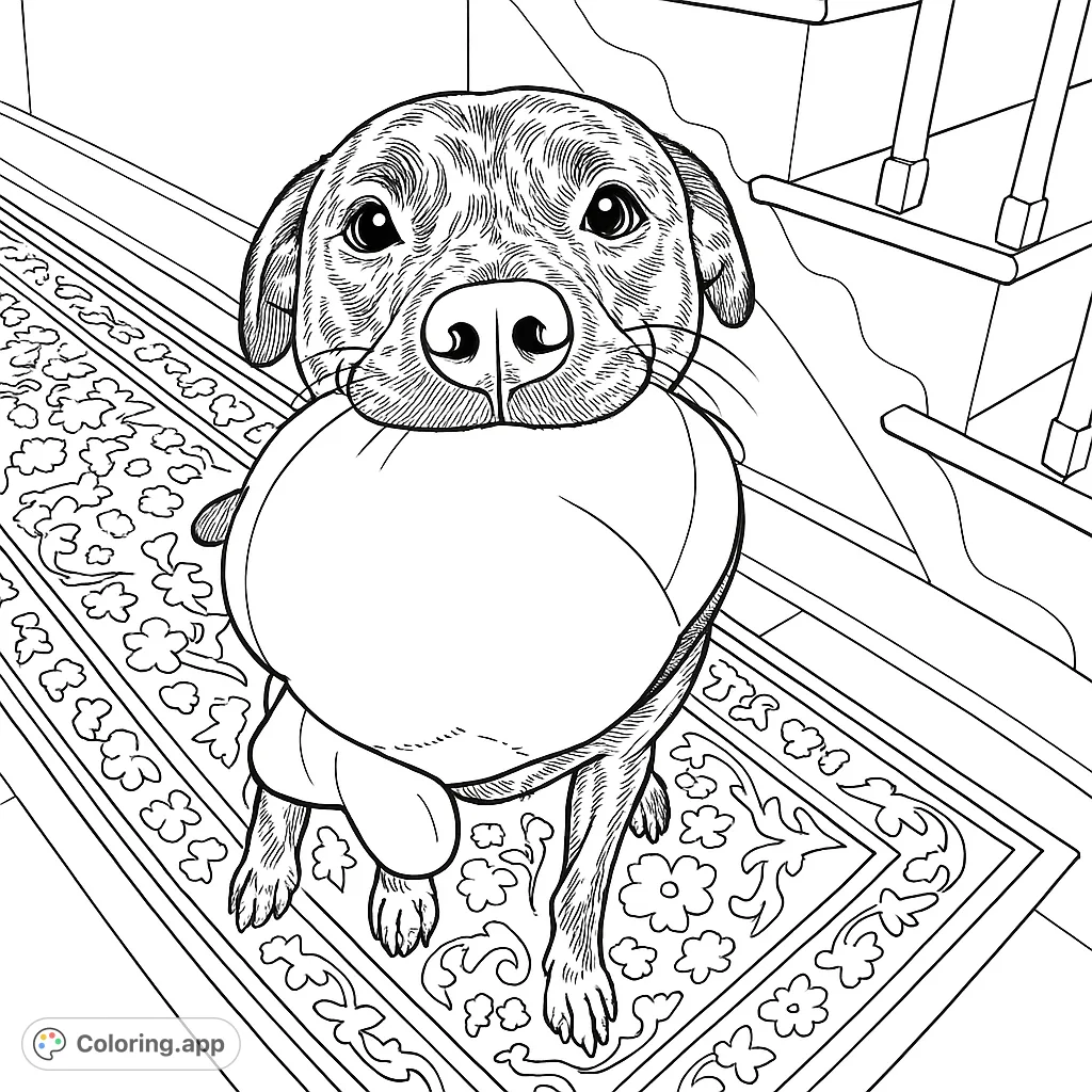 A charming dog sits patiently, holding its favorite plush toy, ready for a game. A delightful scene for animal lovers to bring to life with their chosen hues.