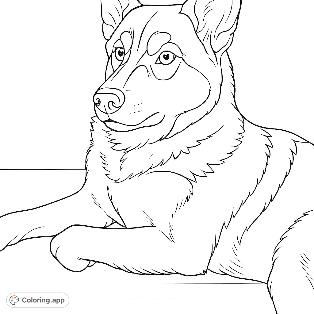 A beautiful husky-like dog resting peacefully, with detailed fur and expressive features. Perfect for dog lovers to color and relax with this free printable coloring page.