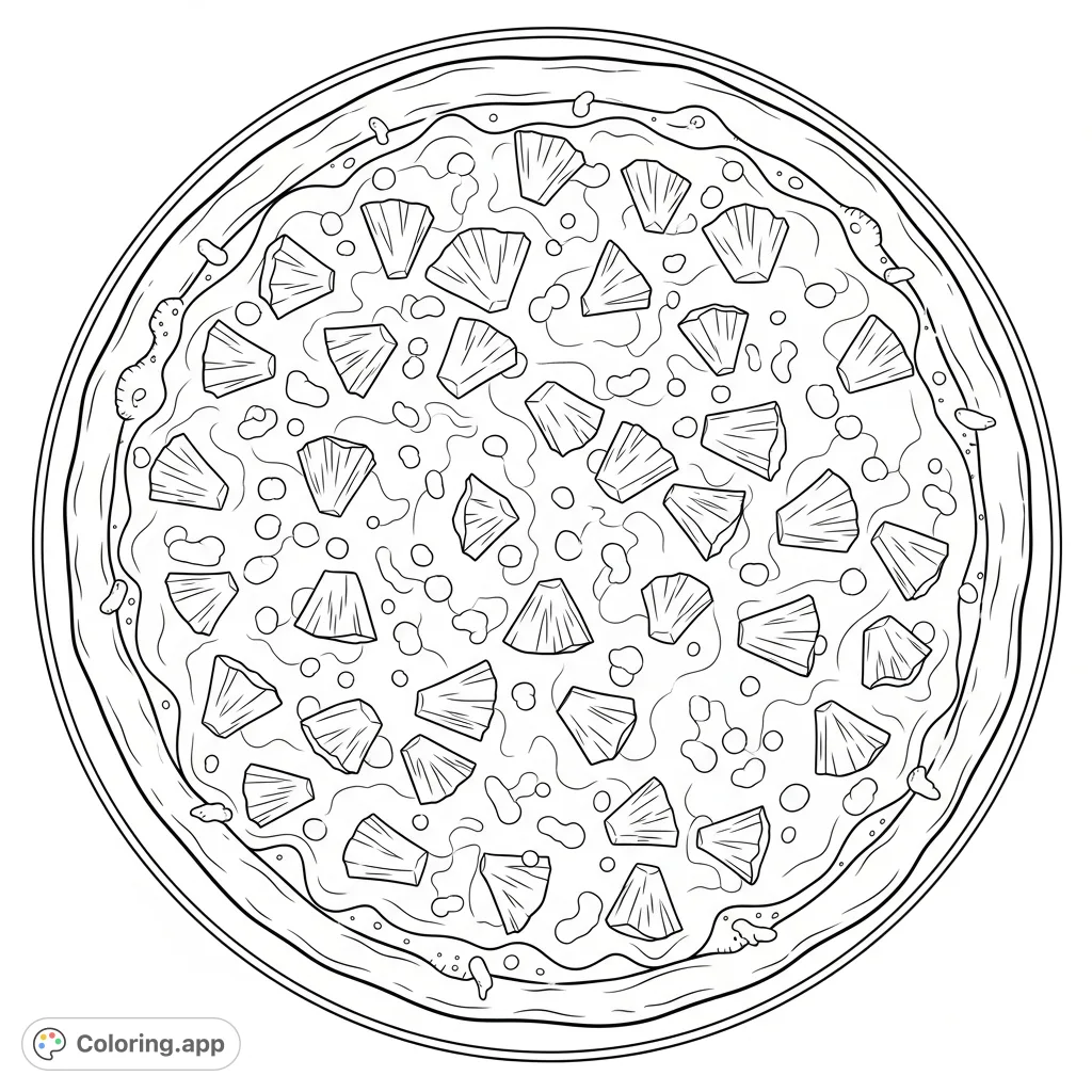 A delicious whole pizza loaded with extra melted cheese and sweet pineapple chunks, ready for a burst of creative colors.