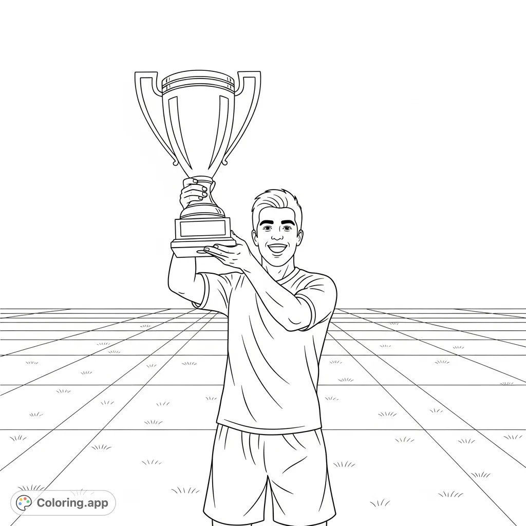 Celebrate victory with this free printable soccer player coloring page! A smiling athlete holds a gleaming trophy on a field, ready for your creative colors.