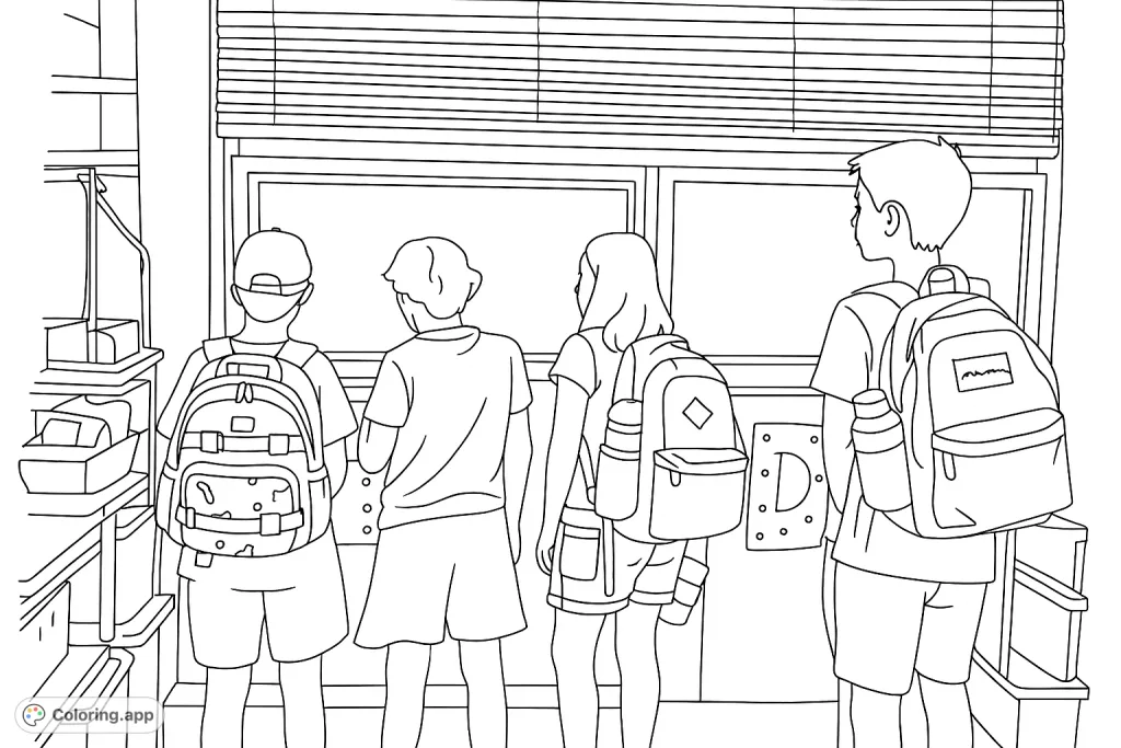 Four students with backpacks stand by a window, ready for a new adventure. A perfect back-to-school coloring page for young learners.