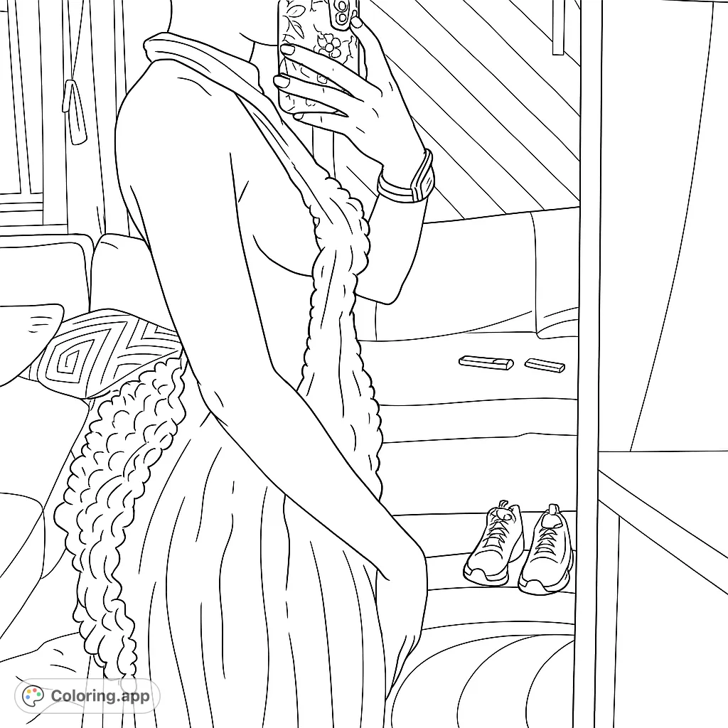 A stylish person in a textured halter dress captures their reflection in a mirror, surrounded by modern home decor. A unique fashion coloring page.