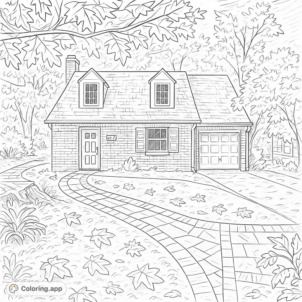 A cozy brick house with dormer windows and a winding stone path, surrounded by lush foliage. Perfect for a hand-drawn fall sketch coloring page.