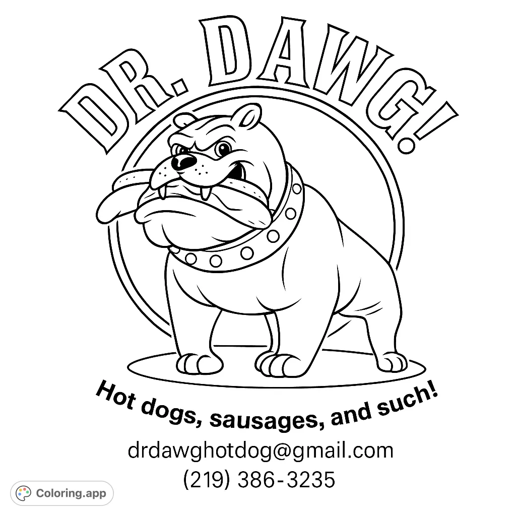 A fun bulldog mascot holding a hot dog, perfect for a playful coloring page. Features a sturdy dog with a studded collar and a tasty treat.