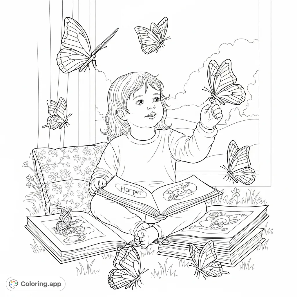 Join Harper on a whimsical journey through children's books, surrounded by delicate butterflies. A charming scene celebrating reading and nature for young imaginations.