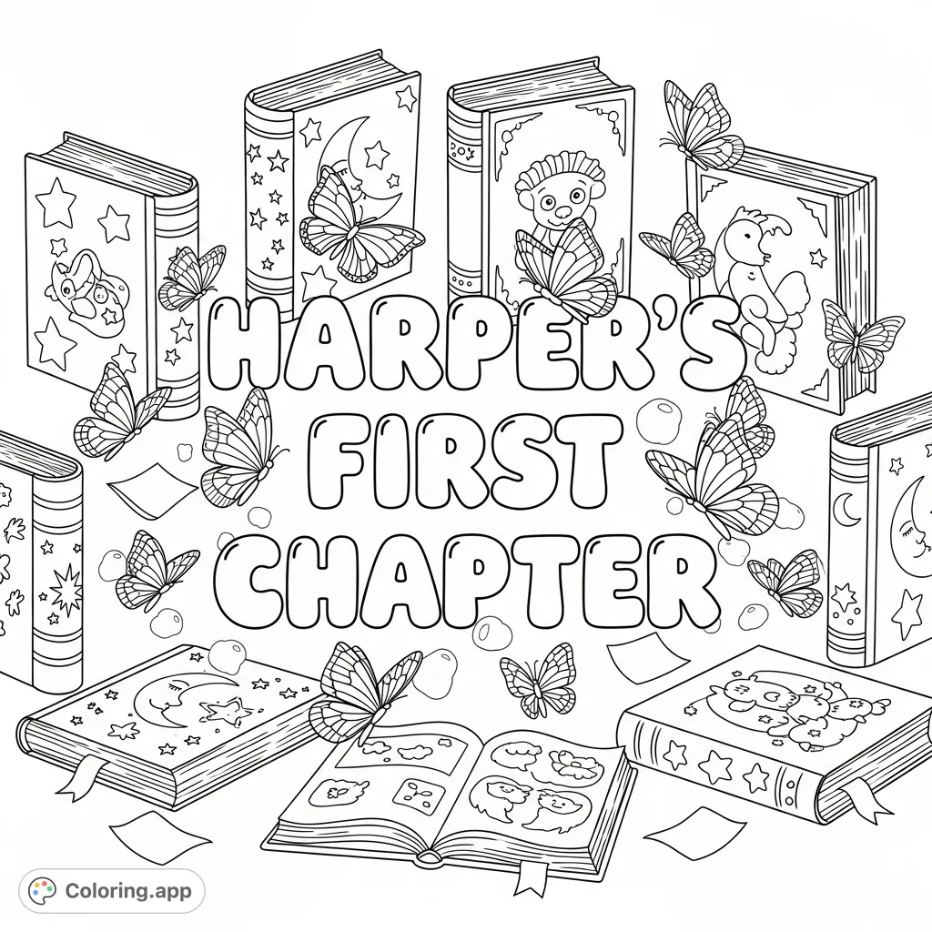 A delightful 'Harper's First Chapter' coloring page featuring bubble letters, whimsical children's books, and graceful butterflies, perfect for young readers.