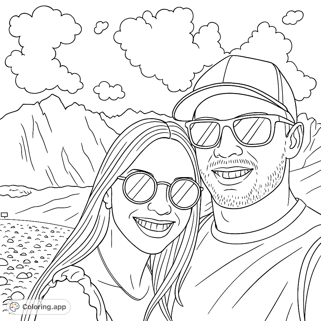 Capture a joyful couple's mountain adventure! This detailed coloring page features a smiling pair against a backdrop of majestic peaks and fluffy clouds.