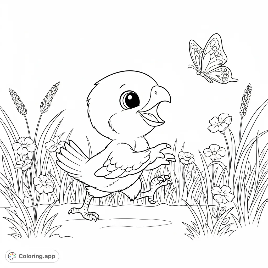 A delightful chibi-style baby raptor joyfully chases a butterfly through a field of tall grass and blooming flowers. A charming free printable coloring page.