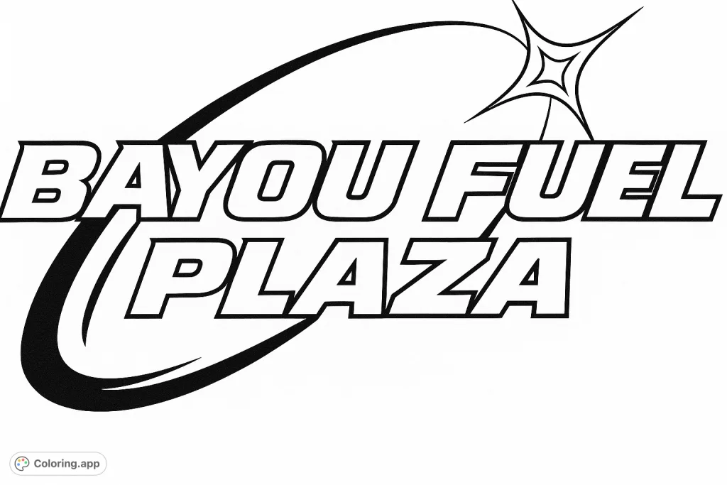 A bold, stylized logo featuring 'Bayou Fuel Plaza' text with dynamic graphic elements, perfect for a unique and modern coloring experience.