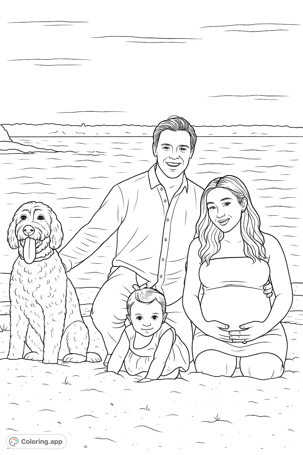 A heartwarming family portrait on a sandy beach, featuring a man, a pregnant woman, a baby, and their beloved dog by the water.